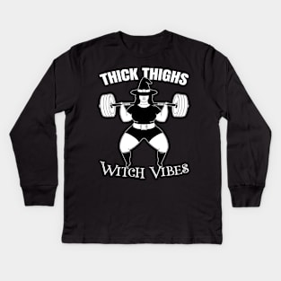 Thick Thighs Witch Vibes Powerlifter witch Funny Halloween Gym Kids Long Sleeve T-Shirt